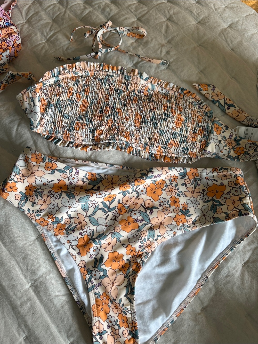 CUPSHE Floral Smocked Bandeau Bikini Set - Orange & Teal Floral